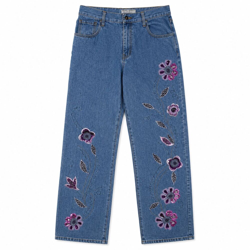 Adrianna Papell Jeans Women's Floral Beaded Sequin Embellished Pants 32X31 NWOT